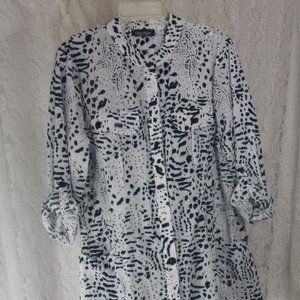 Vintage ELa Marie Button Front Tunic Smock Flocked Black on White Design